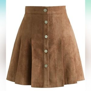 Faux Suede High Waist Pleated Short Skirt Elastic Button Front Skirt